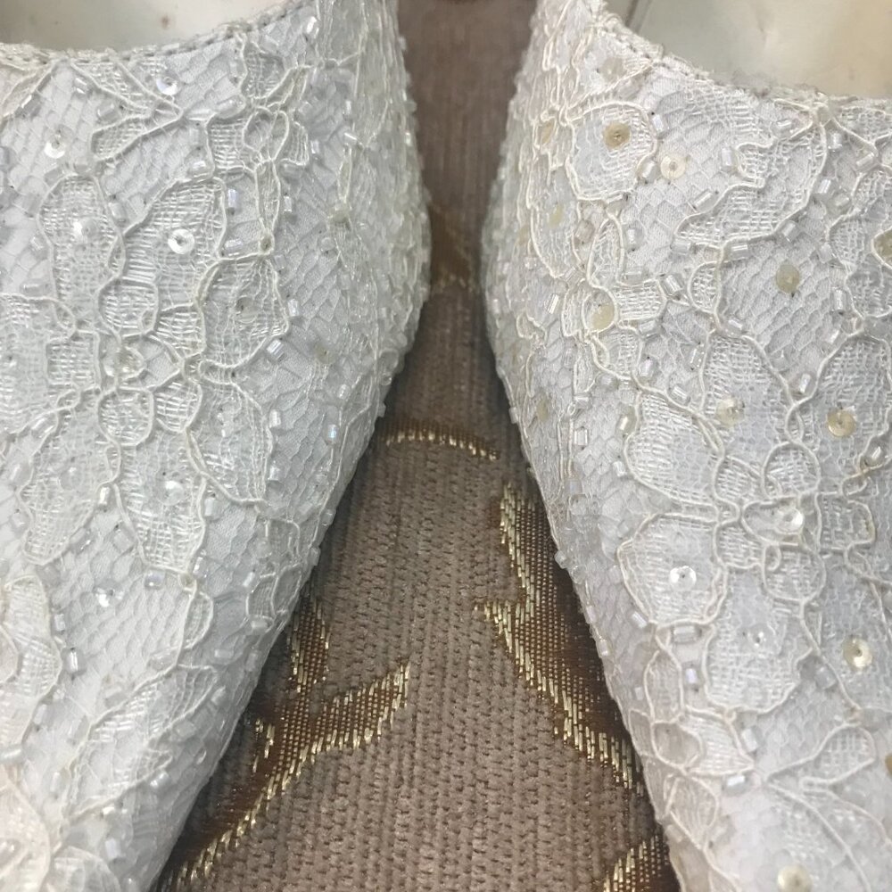 Dye-Able White Lace Satin Ankle-Strap, Formal Pump Dress Shoe Wedding Block Heel - Picture 6 of 16